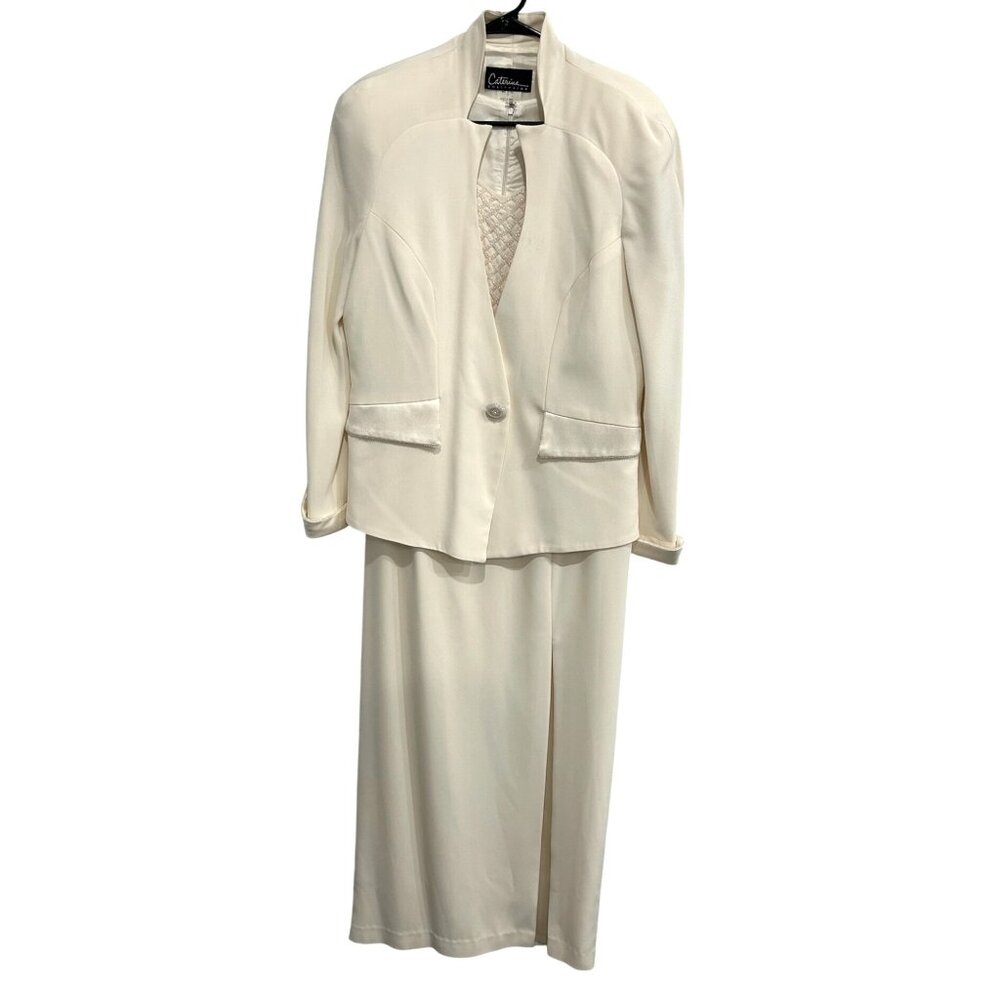 Caterina Collection Womens 2 Piece Cream Long Skirt Suit Beaded Detail Size 14